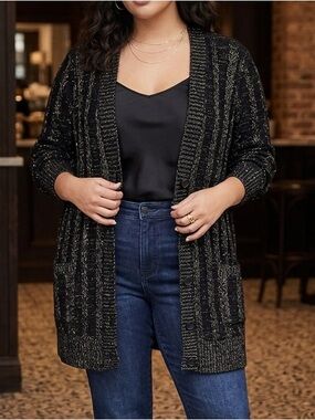 Torrid Black Metallic Gold Cable Knit Boyfriend Cardigan NWT Size 0 (L/12)